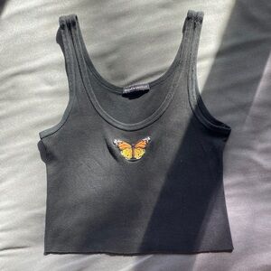 Brandy Melville Black Crop Top with Butterfly Embroidery